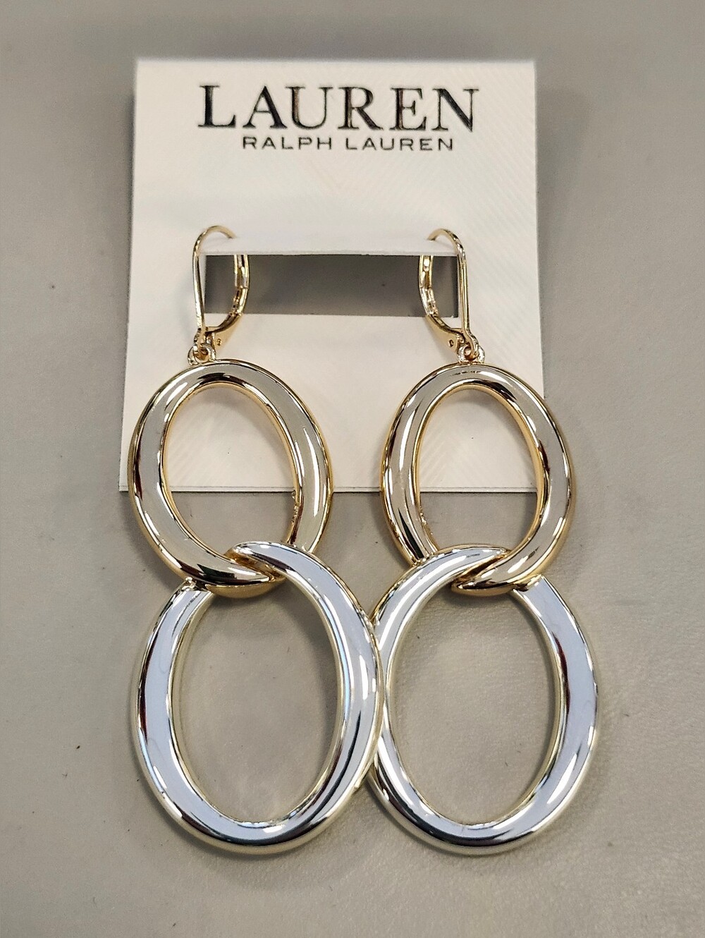 NWT Ralph Lauren Gold/Silver-Tone Linked Oval Double Drop Earrings